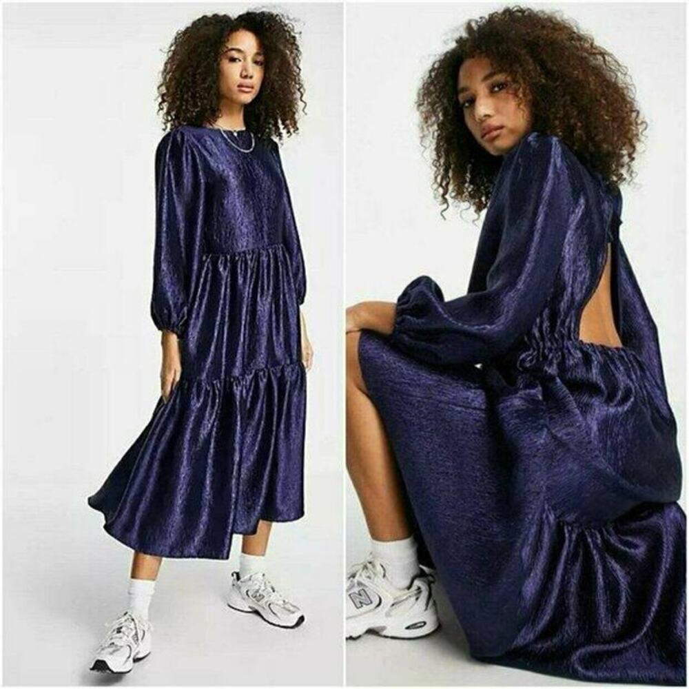 TOPSHOP Premium Textured Tiered Midi Dress Open Back Blue Metallic NEW Size 6